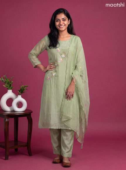 Green Muslin Embroidery Work A-line Suit