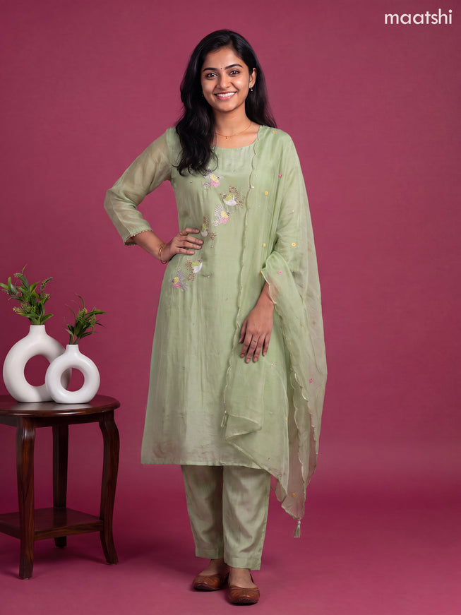 Green Muslin Embroidery Work A-line Suit