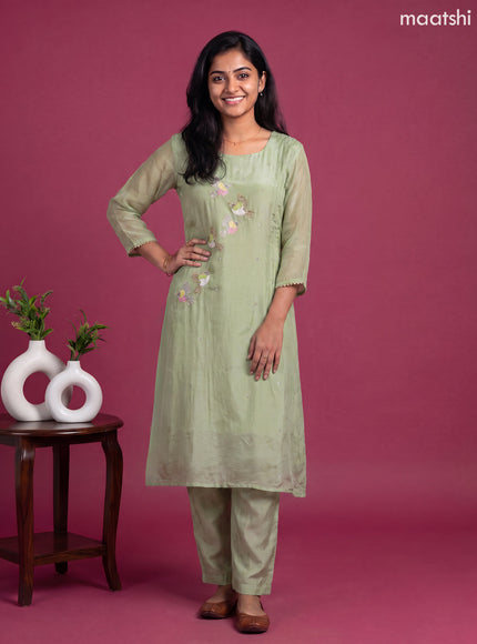 Green Muslin Embroidery Work A-line Suit