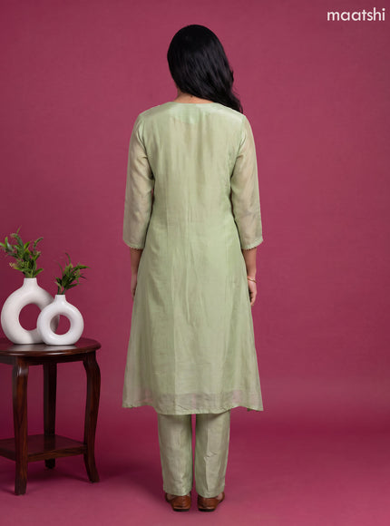 Green Muslin Embroidery Work A-line Suit