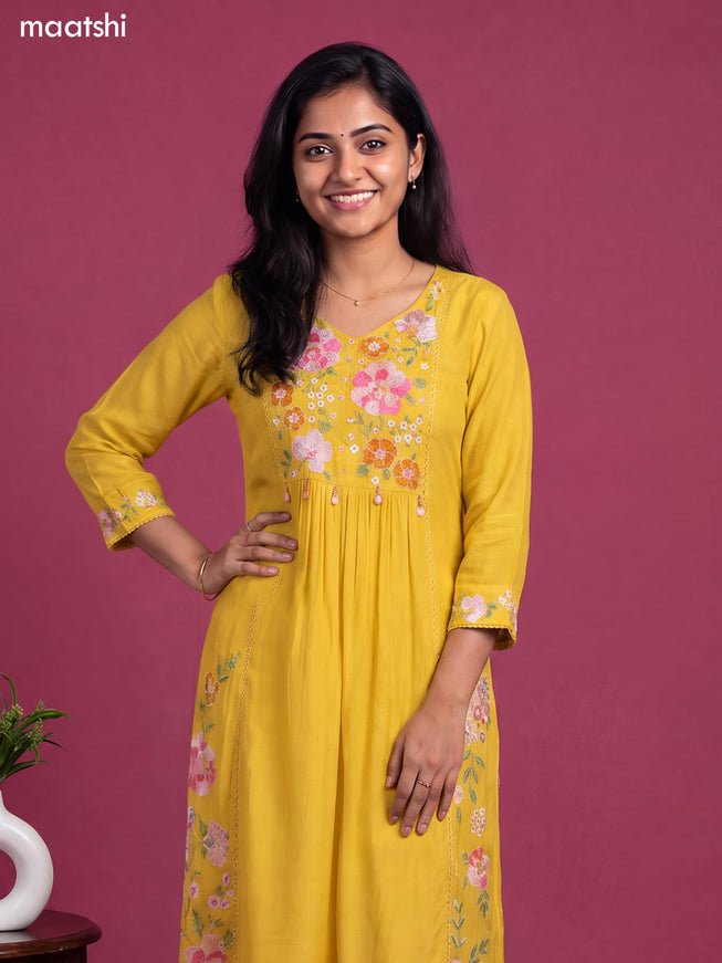 Yellow Art Silk Embroidery Work Anarkali Suit