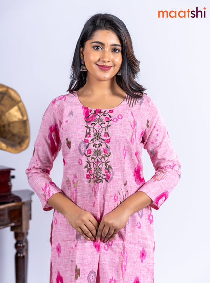 Cotton kurti set pink with allover ikat prints & embroidery work neck pattern and straight cut pant