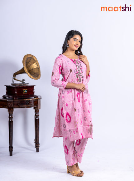 Cotton kurti set pink with allover ikat prints & embroidery work neck pattern and straight cut pant