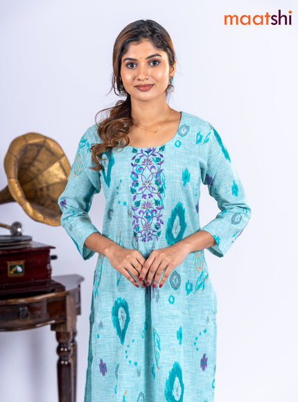 Cotton kurti set teal blue with allover ikat prints & embroidery work neck pattern and straight cut pant