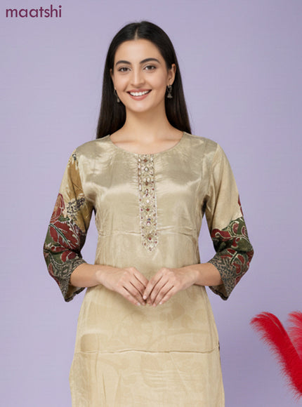 Crepe salwar suit beige with kalamkari prints & sequin zardosi work neck pattern and straight cut pant & dupatta