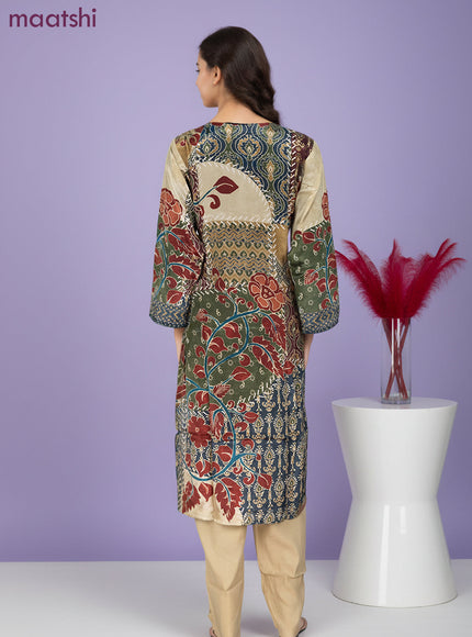 Crepe salwar suit beige with kalamkari prints & sequin zardosi work neck pattern and straight cut pant & dupatta