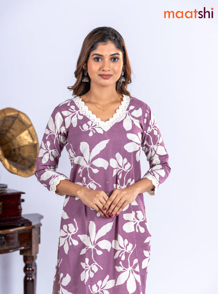 Cotton kurti set mauve pink and off white with allover floral prints & lace work v neck pattern and straight cut pant