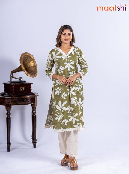 Cotton kurti set olive green and off white with allover floral prints & lace work v neck pattern and straight cut pant