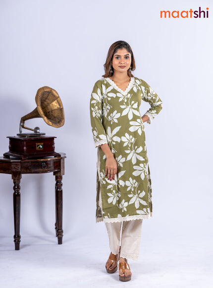 Cotton kurti set olive green and off white with allover floral prints & lace work v neck pattern and straight cut pant