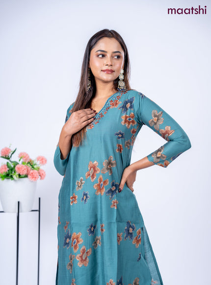 Rayon kurti set teal geen with allover prints & embroidery work v neck pattern and straight cut pant
