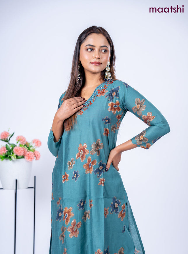 Rayon kurti set teal geen with allover prints & embroidery work v neck pattern and straight cut pant