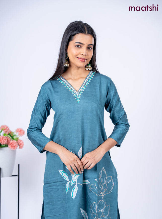 Rayon kurti set peacock blue shade with floral prints & embroidery mirror work v neck pattern and straight cut pant