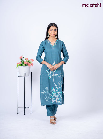 Rayon kurti set peacock blue shade with floral prints & embroidery mirror work v neck pattern and straight cut pant
