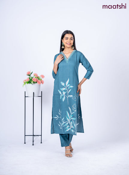 Rayon kurti set peacock blue shade with floral prints & embroidery mirror work v neck pattern and straight cut pant