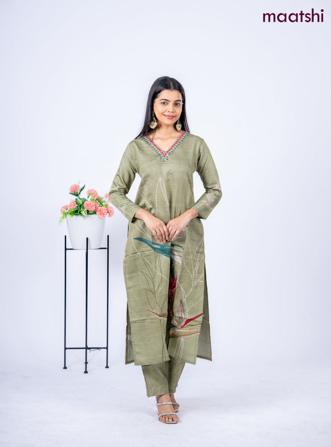 Rayon kurti set green with prints & embroidery mirror work v neck pattern and straight cut pant