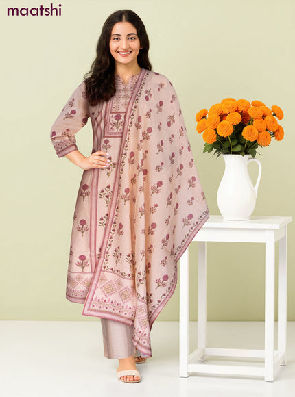 Cotton salwar suit peach shade with allover prints & beaded sequin work neck pattern and straight cut pant & dupatta