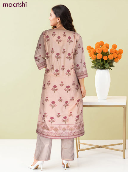 Cotton salwar suit peach shade with allover prints & beaded sequin work neck pattern and straight cut pant & dupatta