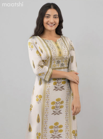 Cotton salwar suit beige with allover prints & beaded sequin work neck pattern and straight cut pant & dupatta