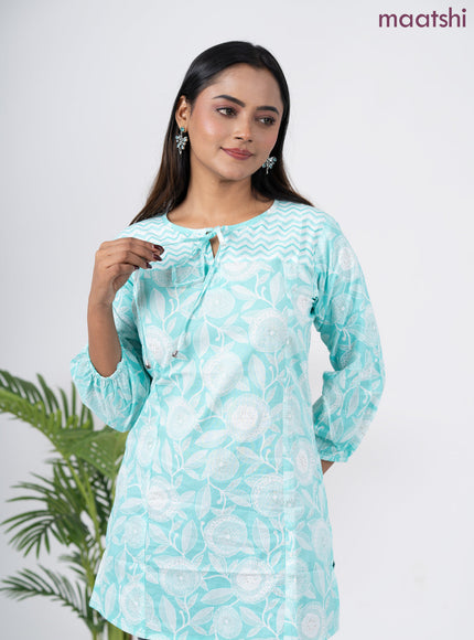 Cotton short kurti black and off white with butta prints & embroidery work neck pattern without pant