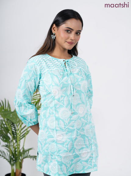 Cotton short kurti black and off white with butta prints & embroidery work neck pattern without pant
