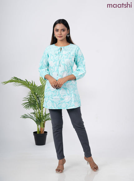 Cotton short kurti black and off white with butta prints & embroidery work neck pattern without pant