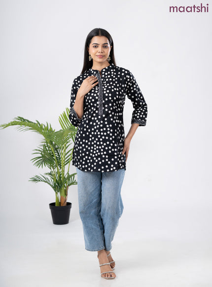 Cotton short kurti black and off white with allover star butta prints & embroidery work neck pattern without pant