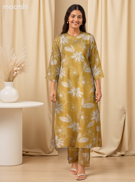 Cotton co-ord set mustard yellow and cream with floral prints & simple neck pattern and palazzo pant