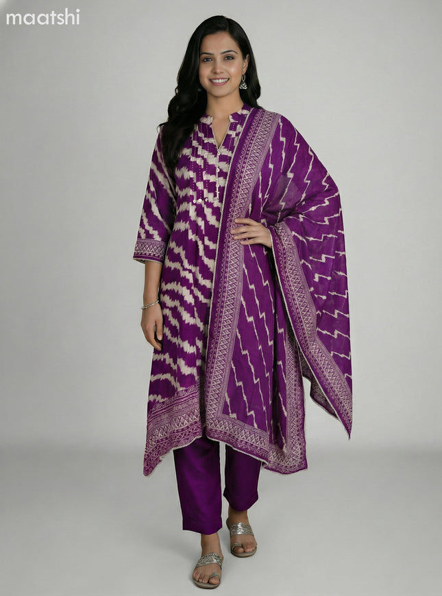 Purple and Cream Muslin Shibori Printed Fish Cut Suit