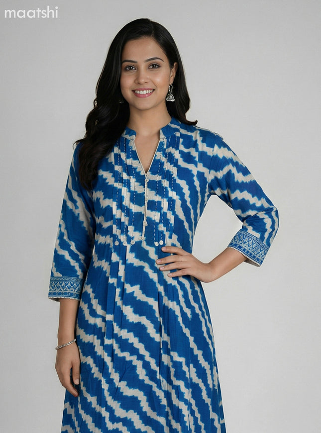 Blue and Cream Muslin Shibori Printed Fish Cut Suit