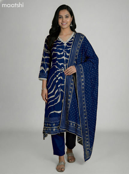Blue and Cream Muslin Printed Fish Cut Suit