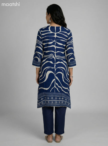 Blue and Cream Muslin Printed Fish Cut Suit