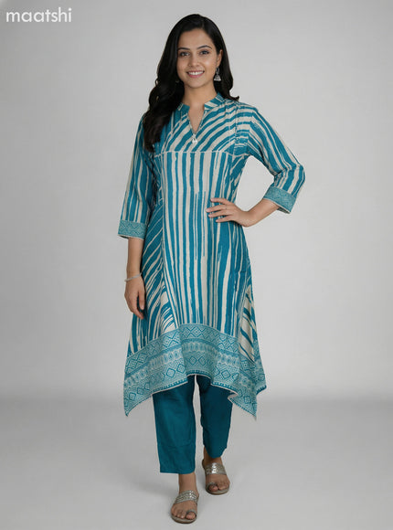 Teal Blue and Cream Muslin Printed Fish Cut Suit