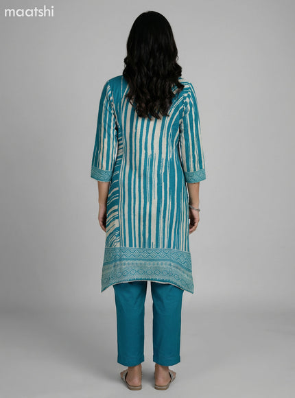 Teal Blue and Cream Muslin Printed Fish Cut Suit