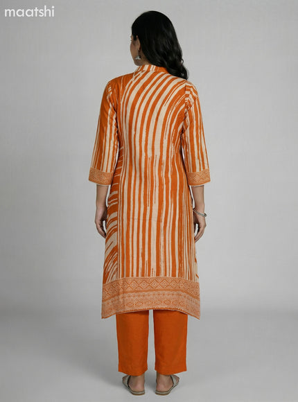Orange and Cream Muslin Printed Fish Cut Suit