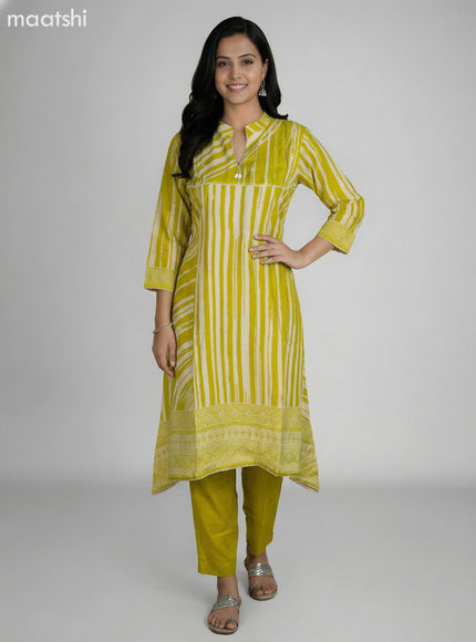 Lime Green and Cream Muslin Printed Fish Cut Suit