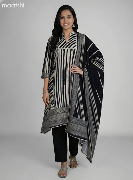 Black and Cream Muslin Printed Fish Cut Suit