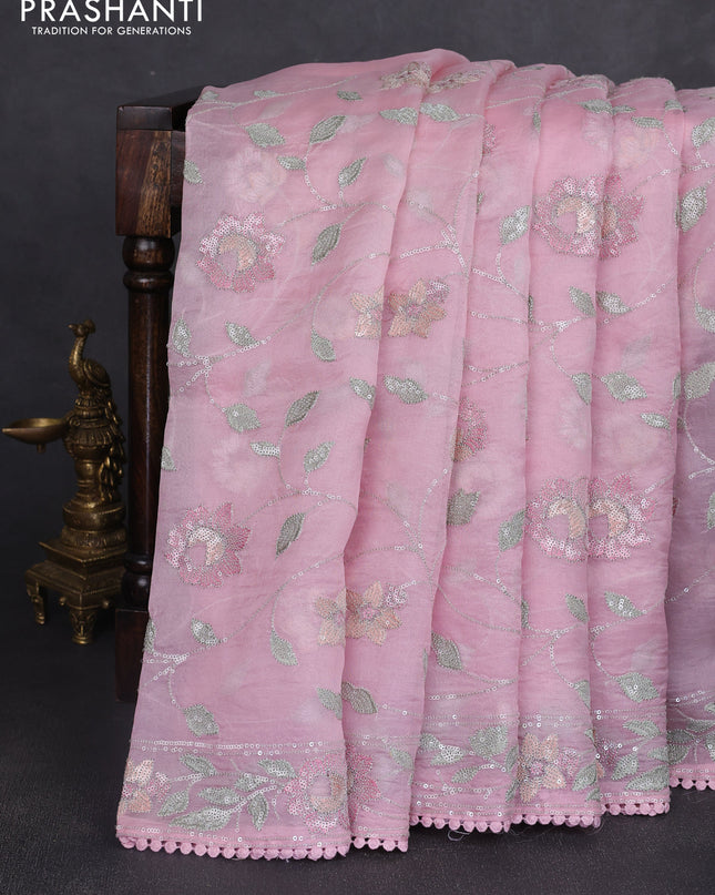 Pure organza silk saree pastel pink with allover embroidery sequin work and embroidery crocia lace work border