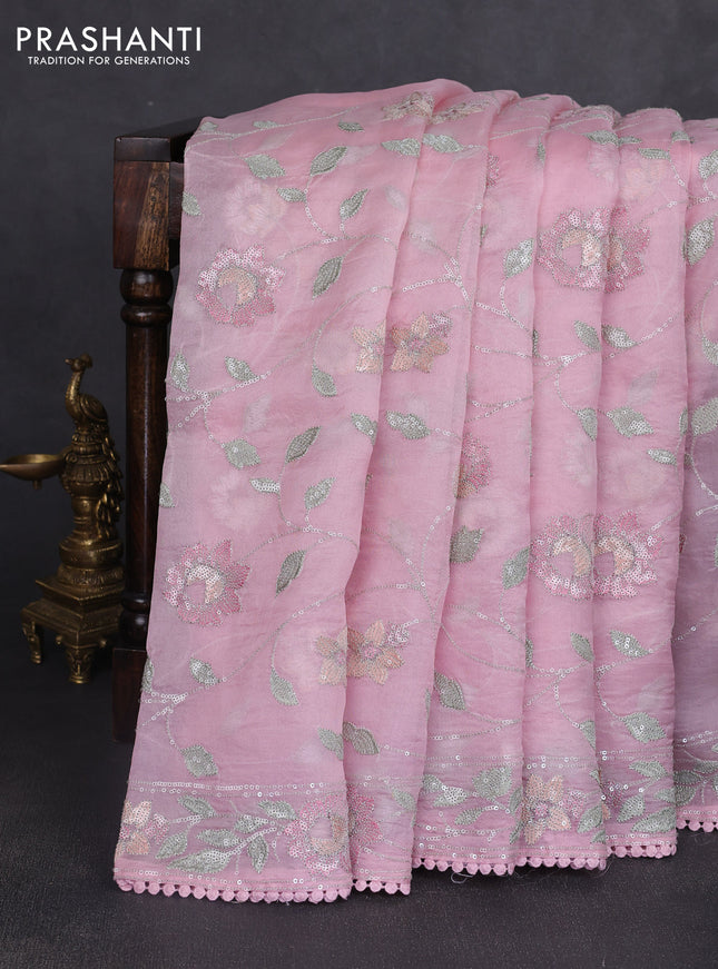 Pure organza silk saree pastel pink with allover embroidery sequin work and embroidery crocia lace work border