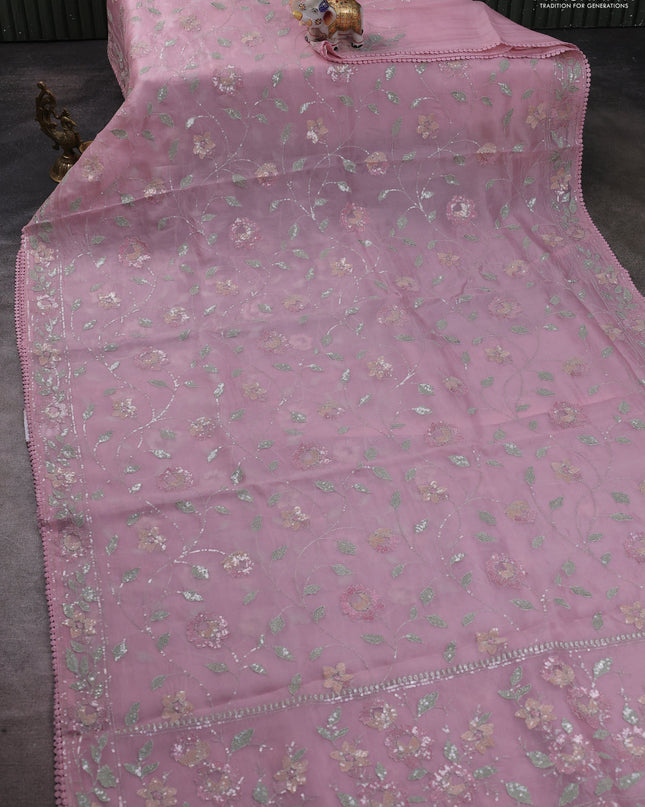 Pure organza silk saree pastel pink with allover embroidery sequin work and embroidery crocia lace work border