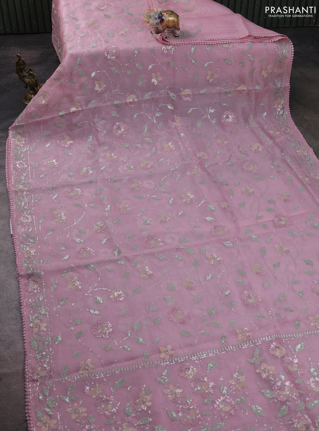 Pure organza silk saree pastel pink with allover embroidery sequin work and embroidery crocia lace work border