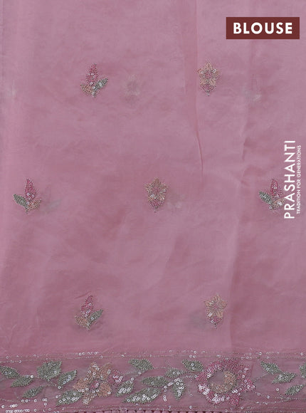 Pure organza silk saree pastel pink with allover embroidery sequin work and embroidery crocia lace work border