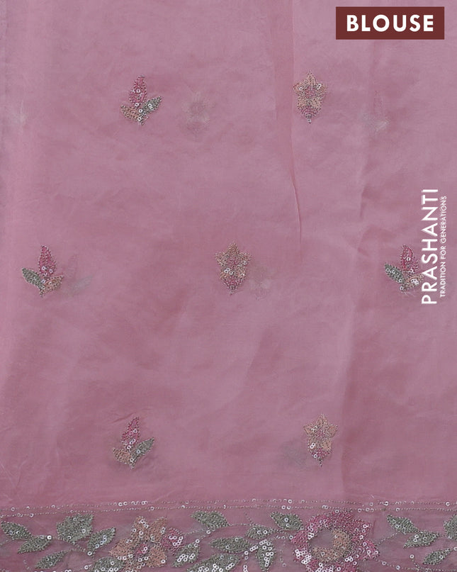 Pure organza silk saree pastel pink with allover embroidery sequin work and embroidery crocia lace work border