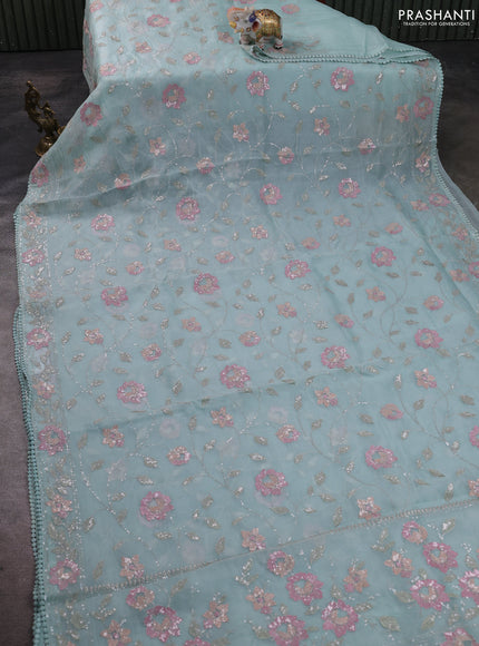Pure organza silk saree pastel blue shade with allover embroidery sequin work and embroidery crocia lace work border