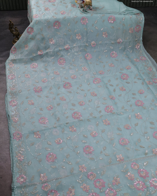 Pure organza silk saree pastel blue shade with allover embroidery sequin work and embroidery crocia lace work border