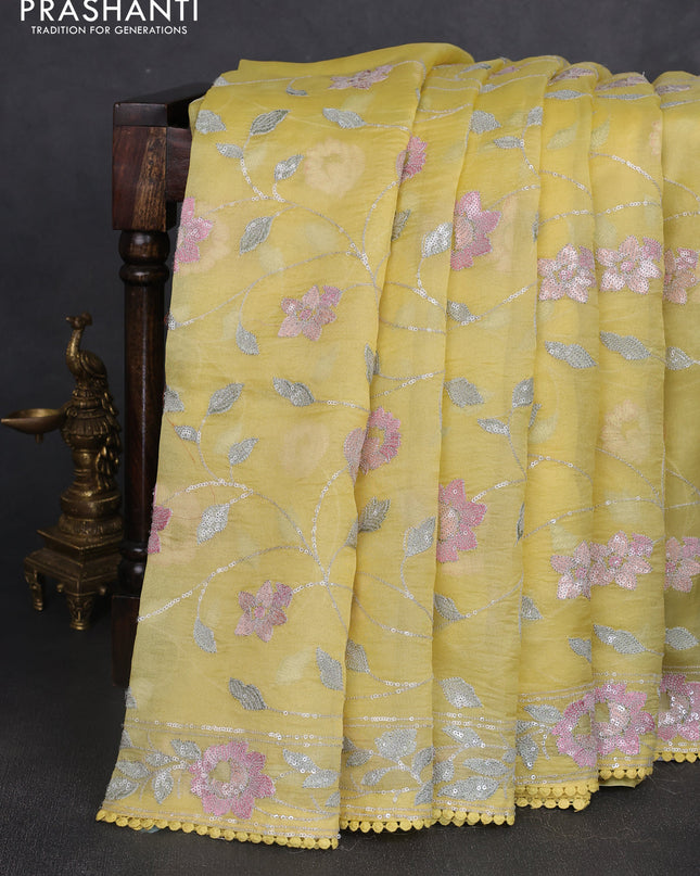 Pure organza silk saree yellow with allover embroidery sequin work and embroidery crocia lace work border