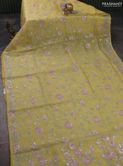 Pure organza silk saree yellow with allover embroidery sequin work and embroidery crocia lace work border