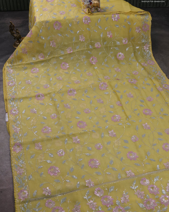 Pure organza silk saree yellow with allover embroidery sequin work and embroidery crocia lace work border