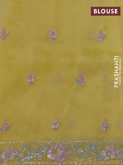 Pure organza silk saree yellow with allover embroidery sequin work and embroidery crocia lace work border
