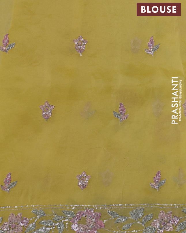 Pure organza silk saree yellow with allover embroidery sequin work and embroidery crocia lace work border
