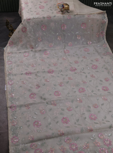 Pure organza silk saree off white with allover embroidery sequin work and embroidery crocia lace work border